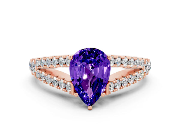 Rose gold Pear Cut Tanzanite Split Shank Engagement Ring with Round Pavé and Prong Setting