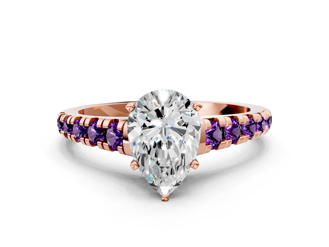 Rose gold Pear Cut Diamond Cathedral Solitaire Ring with Round with Amethyst side stone Pavé Band_12