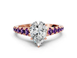 Rose gold Pear Cut Diamond Cathedral Solitaire Ring with Round with Amethyst side stone Pavé Band_12