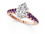 Rose gold Pear Cut Diamond Cathedral Solitaire Ring with Round with Amethyst side stone Pavé Band_13