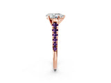 Rose gold Pear Cut Diamond Cathedral Solitaire Ring with Round with Amethyst side stone Pavé Band_14