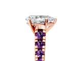 Rose gold Pear Cut Diamond Cathedral Solitaire Ring with Round with Amethyst side stone Pavé Band_17