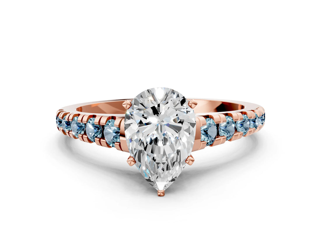 Rose gold Pear Cut Diamond Cathedral Solitaire Ring with Round with Aquamarine side stone Pavé Band_12
