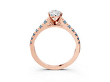 Rose gold Pear Cut Diamond Cathedral Solitaire Ring with Round with Aquamarine side stone Pavé Band_15