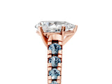Rose gold Pear Cut Diamond Cathedral Solitaire Ring with Round with Aquamarine side stone Pavé Band_17