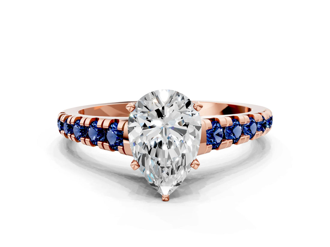 Rose gold Pear Cut Diamond Cathedral Solitaire Ring with Round with Blue Sapphire side stone Pavé Band_12