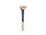 Rose gold Pear Cut Diamond Cathedral Solitaire Ring with Round with Blue Sapphire side stone Pavé Band_14
