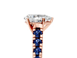 Rose gold Pear Cut Diamond Cathedral Solitaire Ring with Round with Blue Sapphire side stone Pavé Band_17