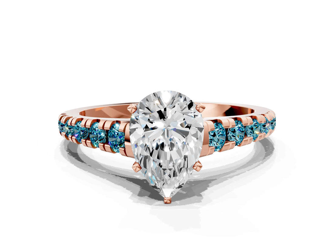 Rose gold Pear Cut Diamond Cathedral Solitaire Ring with Round with Blue Topaz side stone Pavé Band