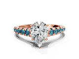 Rose gold Pear Cut Diamond Cathedral Solitaire Ring with Round with Blue Topaz side stone Pavé Band