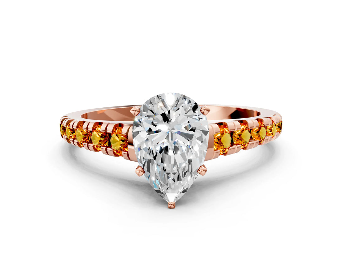 Rose gold Pear Cut Diamond Cathedral Solitaire Ring with Round with Citrine side stone Pavé Band_24