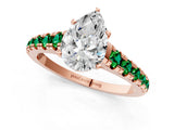 Rose gold Pear Cut Diamond Cathedral Solitaire Ring with Round with Emerald side stone Pavé Band_1