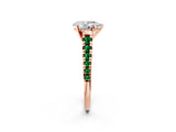 Rose gold Pear Cut Diamond Cathedral Solitaire Ring with Round with Emerald side stone Pavé Band_2