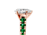 Rose gold Pear Cut Diamond Cathedral Solitaire Ring with Round with Emerald side stone Pavé Band_5