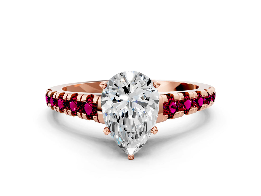 Rose gold Pear Cut Diamond Cathedral Solitaire Ring with Round with Garnet side stone Pavé Band_12