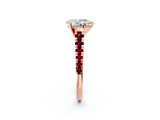 Rose gold Pear Cut Diamond Cathedral Solitaire Ring with Round with Garnet side stone Pavé Band_14