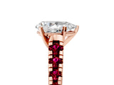 Rose gold Pear Cut Diamond Cathedral Solitaire Ring with Round with Garnet side stone Pavé Band_17