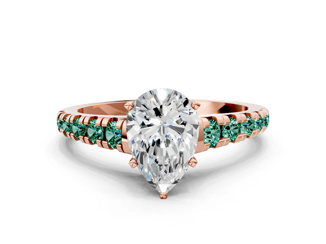 Rose gold Pear Cut Diamond Cathedral Solitaire Ring with Round with Green Sapphire side stone Pavé Band_12