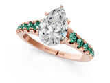 Rose gold Pear Cut Diamond Cathedral Solitaire Ring with Round with Green Sapphire side stone Pavé Band_13