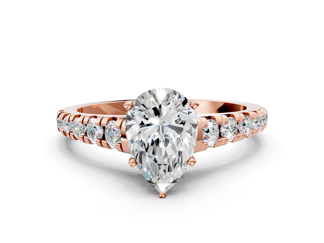 Rose gold Pear Cut Diamond Cathedral Solitaire Ring with Round with Moissanite side stone Pavé Band_24