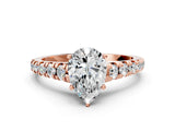 Rose gold Pear Cut Diamond Cathedral Solitaire Ring with Round with Moissanite side stone Pavé Band_24