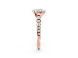 Rose gold Pear Cut Diamond Cathedral Solitaire Ring with Round with Moissanite side stone Pavé Band_26