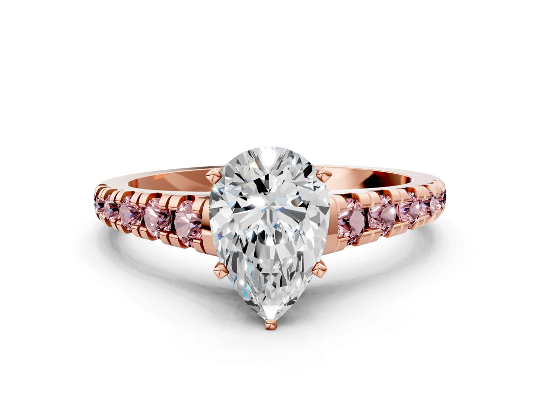 Rose gold Pear Cut Diamond Cathedral Solitaire Ring with Round with Morganite side stone Pavé Band_12