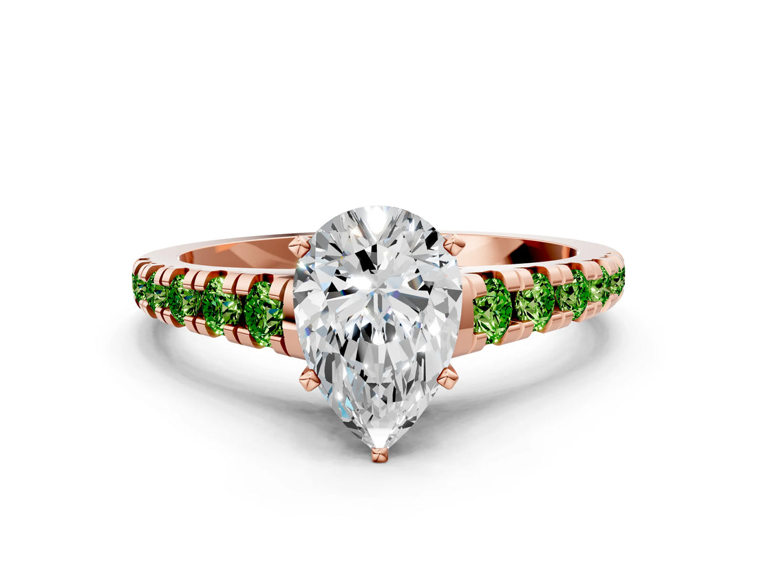 Rose gold Pear Cut Diamond Cathedral Solitaire Ring with Round with Peridot side stone Pavé Band