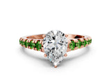Rose gold Pear Cut Diamond Cathedral Solitaire Ring with Round with Peridot side stone Pavé Band