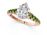 Rose gold Pear Cut Diamond Cathedral Solitaire Ring with Round with Peridot side stone Pavé Band_1