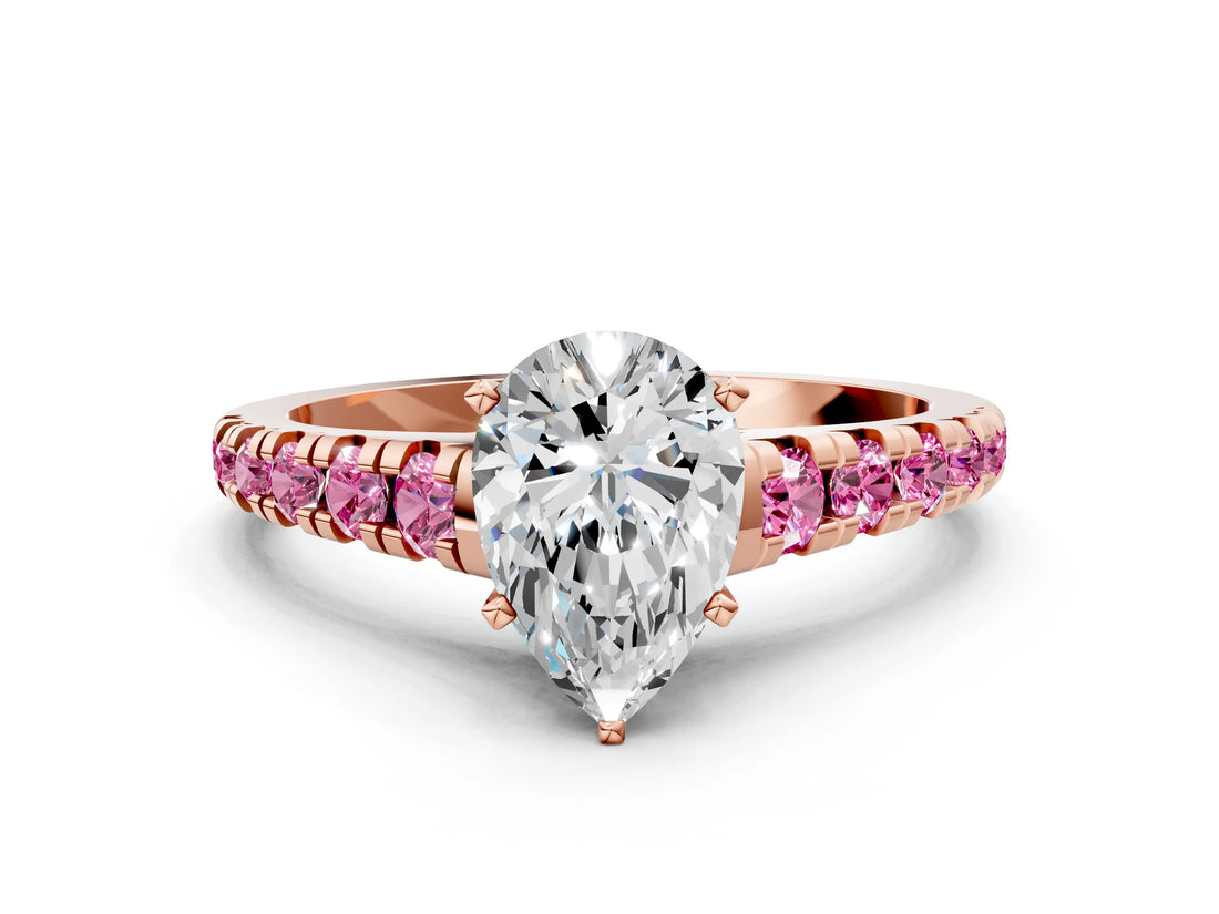 Rose gold Pear Cut Diamond Cathedral Solitaire Ring with Round with Pink Sapphire side stone Pavé Band_24