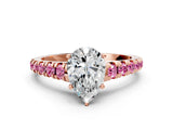 Rose gold Pear Cut Diamond Cathedral Solitaire Ring with Round with Pink Sapphire side stone Pavé Band_24