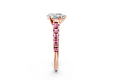Rose gold Pear Cut Diamond Cathedral Solitaire Ring with Round with Pink Sapphire side stone Pavé Band_26