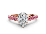 Rose gold Pear Cut Diamond Cathedral Solitaire Ring with Round with Pink Sapphire side stone Pavé Band_36