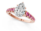 Rose gold Pear Cut Diamond Cathedral Solitaire Ring with Round with Pink Sapphire side stone Pavé Band_37