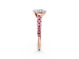 Rose gold Pear Cut Diamond Cathedral Solitaire Ring with Round with Pink Sapphire side stone Pavé Band_38