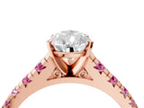 Rose gold Pear Cut Diamond Cathedral Solitaire Ring with Round with Pink Sapphire side stone Pavé Band_40