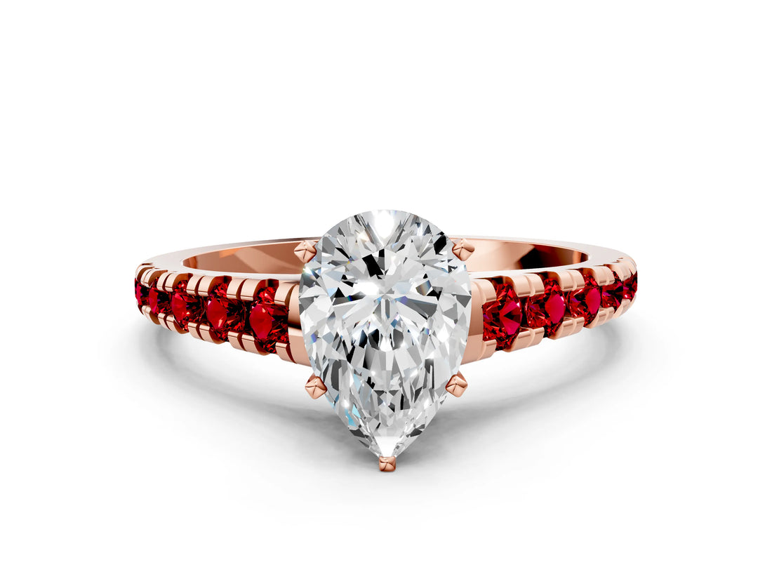 Rose gold Pear Cut Diamond Cathedral Solitaire Ring with Round with Ruby side stone Pavé Band_12