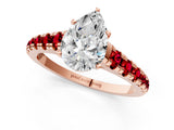 Rose gold Pear Cut Diamond Cathedral Solitaire Ring with Round with Ruby side stone Pavé Band_13