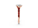 Rose gold Pear Cut Diamond Cathedral Solitaire Ring with Round with Ruby side stone Pavé Band_14