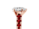 Rose gold Pear Cut Diamond Cathedral Solitaire Ring with Round with Ruby side stone Pavé Band_17
