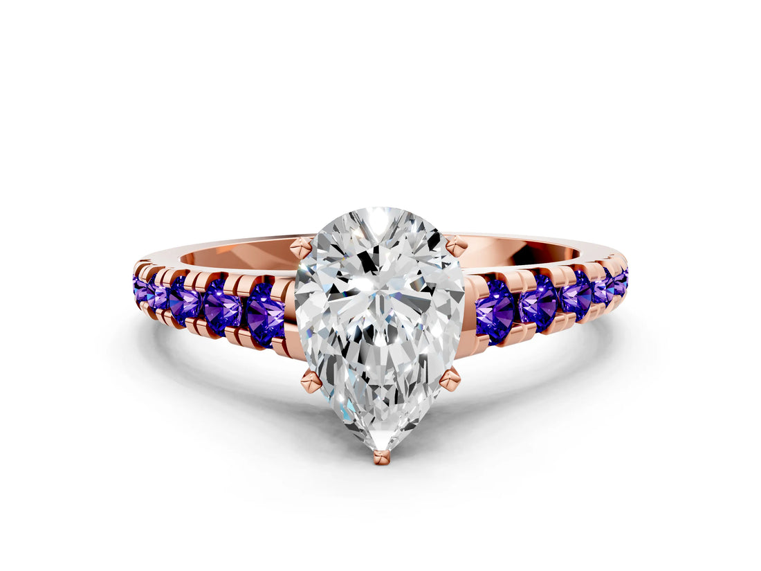 Rose gold Pear Cut Diamond Cathedral Solitaire Ring with Round with Tanzanite side stone Pavé Band