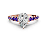 Rose gold Pear Cut Diamond Cathedral Solitaire Ring with Round with Tanzanite side stone Pavé Band