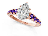 Rose gold Pear Cut Diamond Cathedral Solitaire Ring with Round with Tanzanite side stone Pavé Band_1