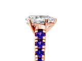 Rose gold Pear Cut Diamond Cathedral Solitaire Ring with Round with Tanzanite side stone Pavé Band_5