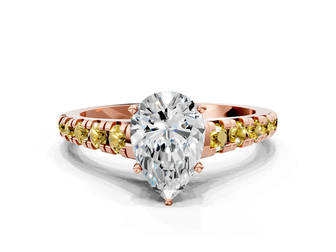Rose gold Pear Cut Diamond Cathedral Solitaire Ring with Round with Yellow Sapphire side stone Pavé Band_36
