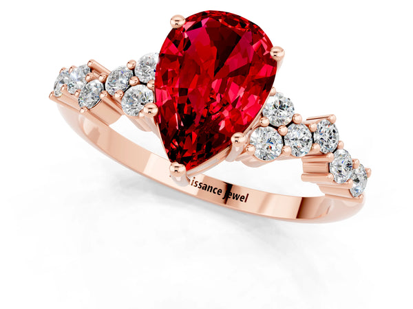 Rose gold Pear Cut Ruby Scattered Round Accent Ring with Prong Setting