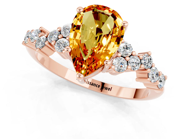 Rose gold Pear Cut Citrine Scattered Round Accent Ring with Prong Setting