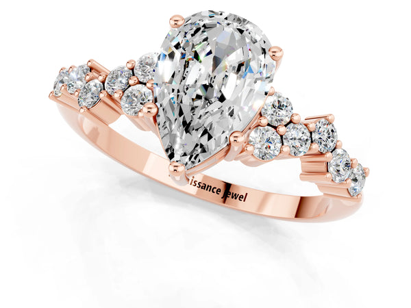 Rose gold Pear Cut Moissanite Scattered Round Accent Ring with Prong Setting