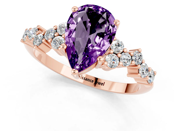 Rose gold Pear Cut Amethyst Scattered Round Accent Ring with Prong Setting